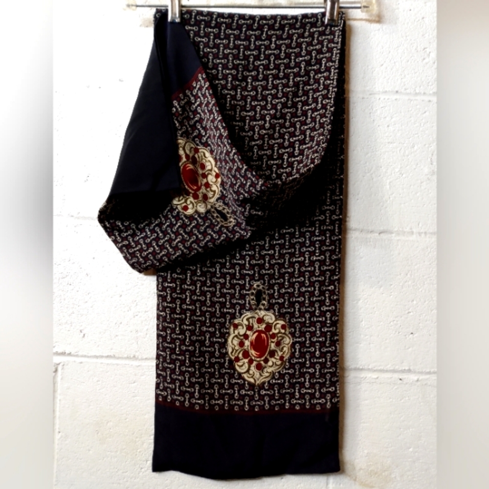 Elegant Navy Double Scarf with Red  and Gold Pattern
